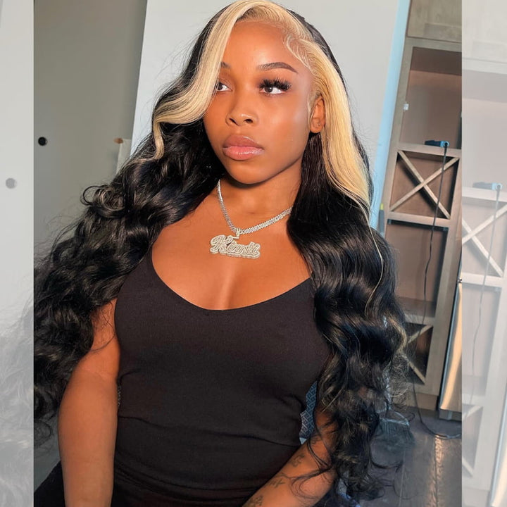 SZC Black Blonde Skunk Stripe 13x4 Lace Front Virgin Human Hair Wigs