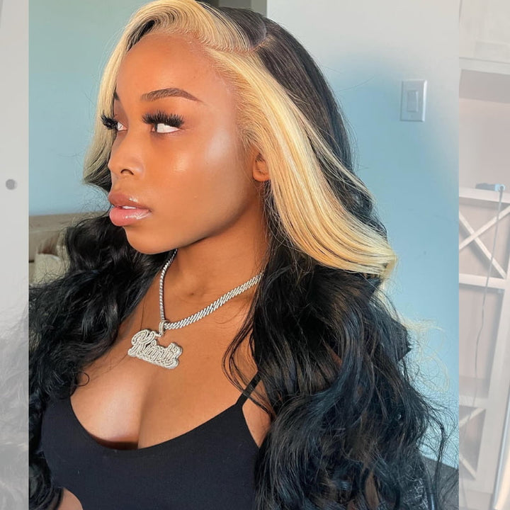 SZC Black Blonde Skunk Stripe 13x4 Lace Front Virgin Human Hair Wigs