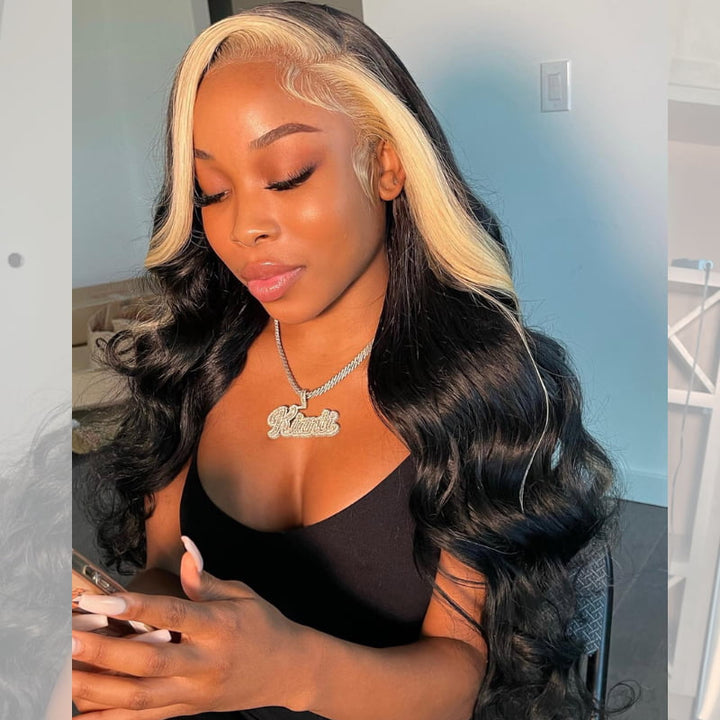 SZC Black Blonde Skunk Stripe 13x4 Lace Front Virgin Human Hair Wigs