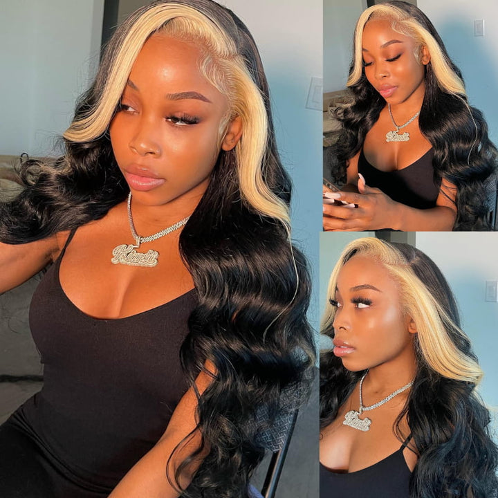 SZC Black Blonde Skunk Stripe 13x4 Lace Front Virgin Human Hair Wigs