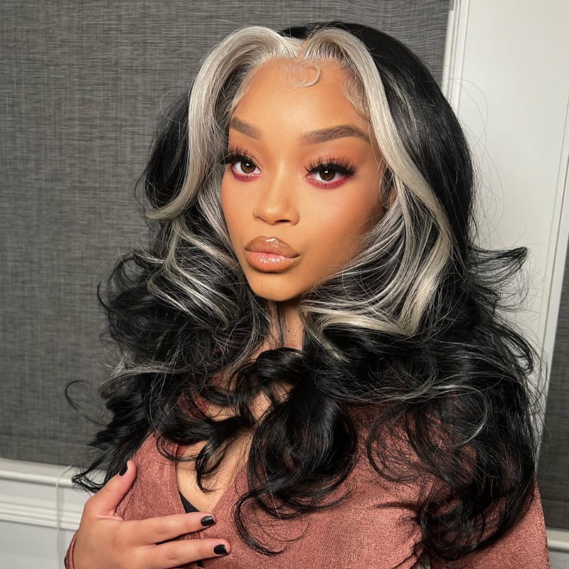 SZC Black Sliver Gray Skunk Stripe 13x4 HD Lace Front Human Hair Wigs
