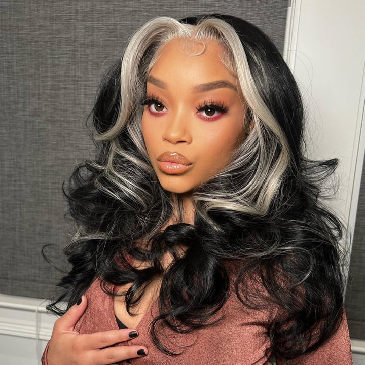 SZC Black Sliver Gray Skunk Stripe 13x4 HD Lace Front Human Hair Wigs