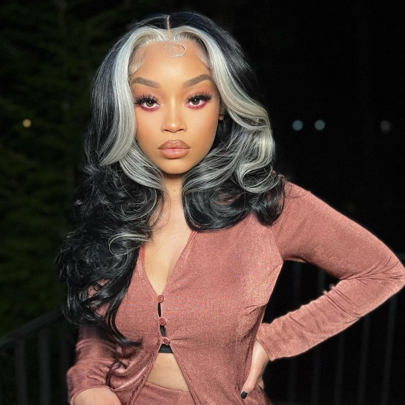 SZC Black Sliver Gray Skunk Stripe 13x4 HD Lace Front Human Hair Wigs