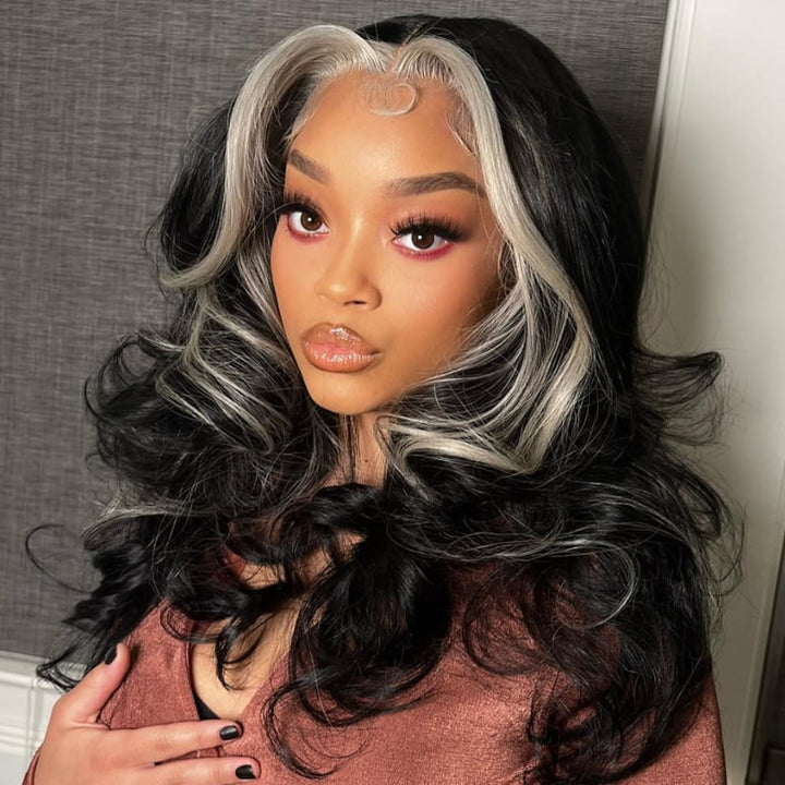 SZC Black Sliver Gray Skunk Stripe 13x4 HD Lace Front Human Hair Wigs