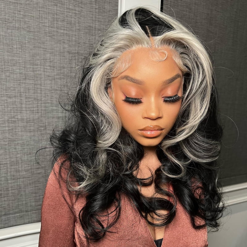 SZC Black Sliver Gray Skunk Stripe 13x4 HD Lace Front Human Hair Wigs