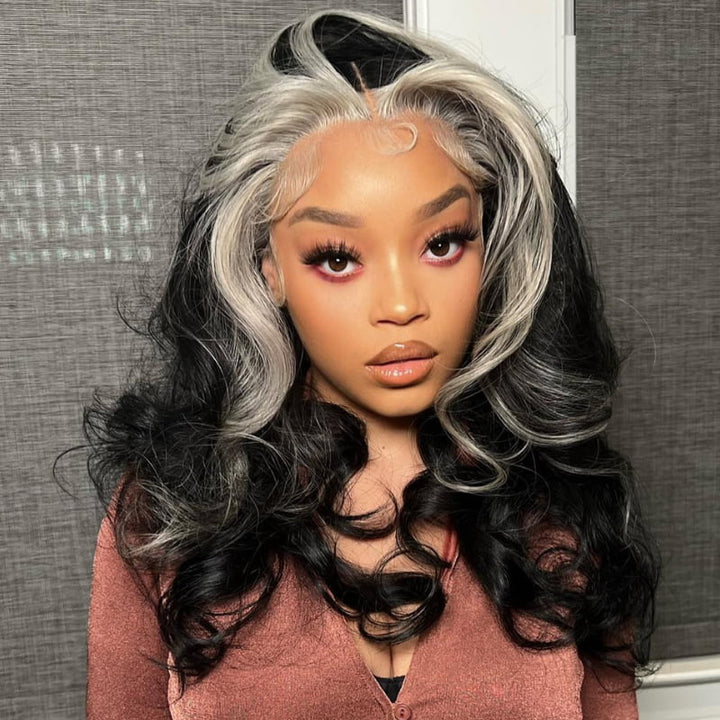 SZC Black Sliver Gray Skunk Stripe 13x4 HD Lace Front Human Hair Wigs