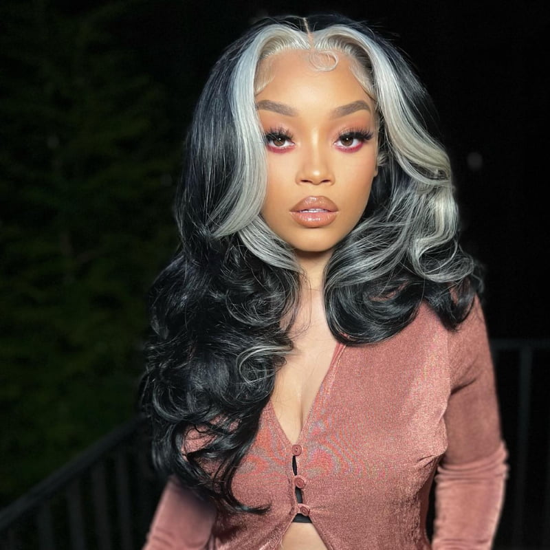 SZC Black Sliver Gray Skunk Stripe 13x4 HD Lace Front Human Hair Wigs
