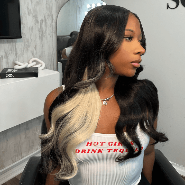 SZC Black With Blonde Streaks 13x4 Lace Front Virgin Human Hair Wigs