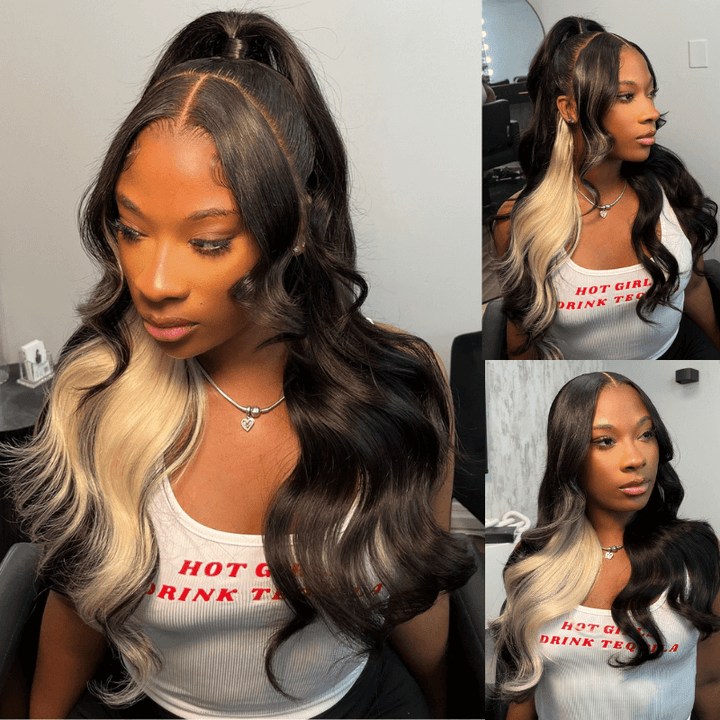 SZC Black With Blonde Streaks 13x4 Lace Front Virgin Human Hair Wigs