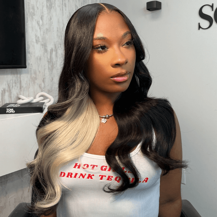 SZC Black With Blonde Streaks 13x4 Lace Front Virgin Human Hair Wigs