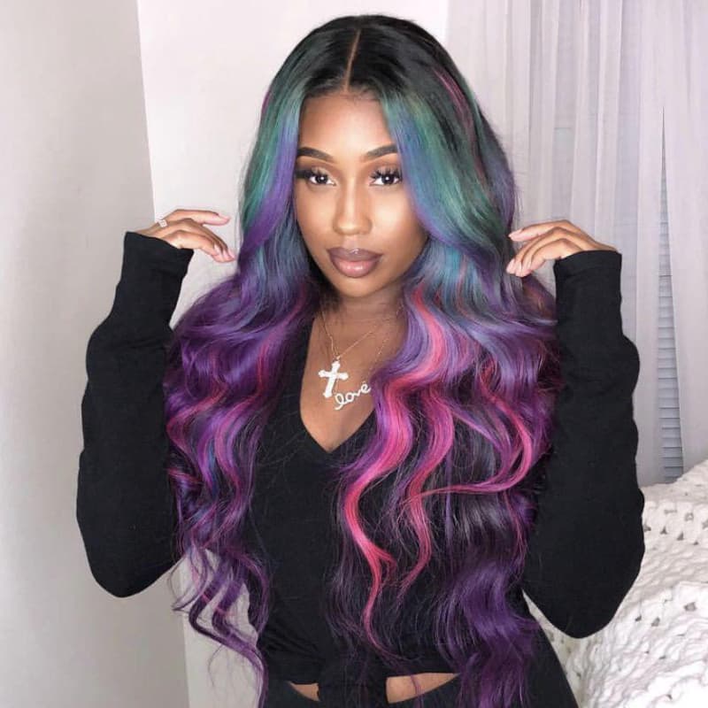SZC Black With Blue Green Purple Pink Highlight Dark Roots 13x4 Lace Front Virgin Human Hair Wigs