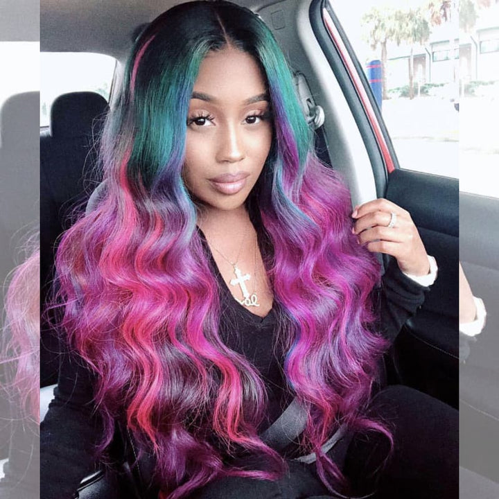 SZC Black With Blue Green Purple Pink Highlight Dark Roots 13x4 Lace Front Virgin Human Hair Wigs