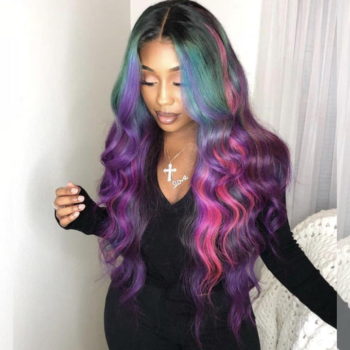 SZC Black With Blue Green Purple Pink Highlight Dark Roots 13x4 Lace Front Virgin Human Hair Wigs