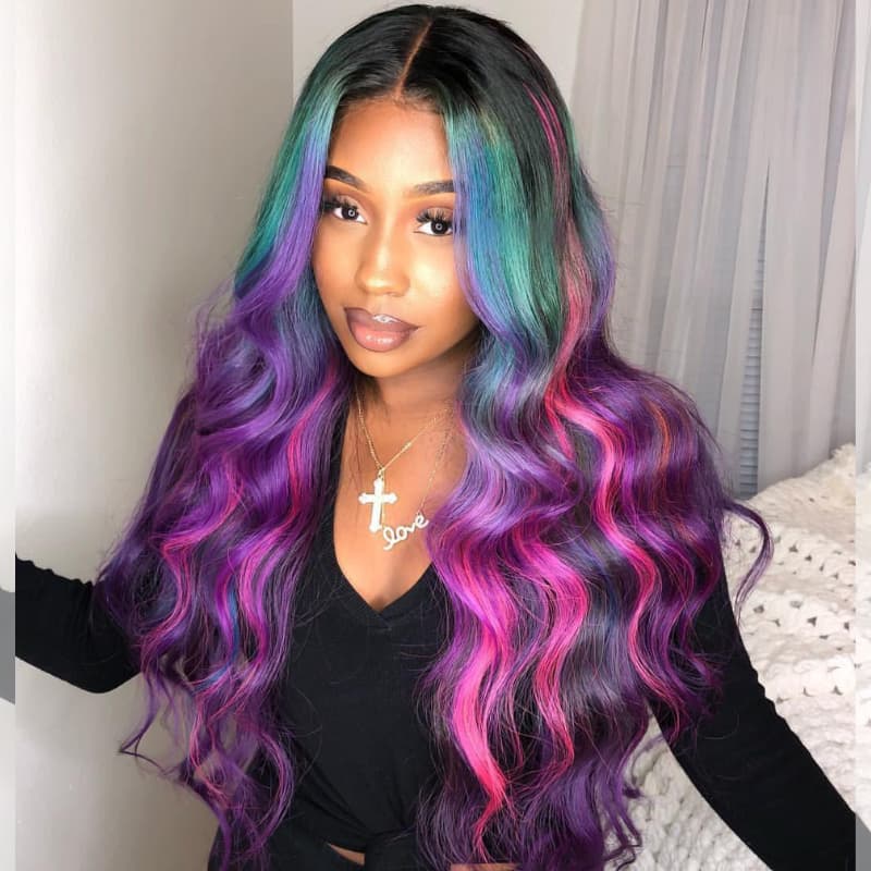 SZC Black With Blue Green Purple Pink Highlight Dark Roots 13x4 Lace Front Virgin Human Hair Wigs