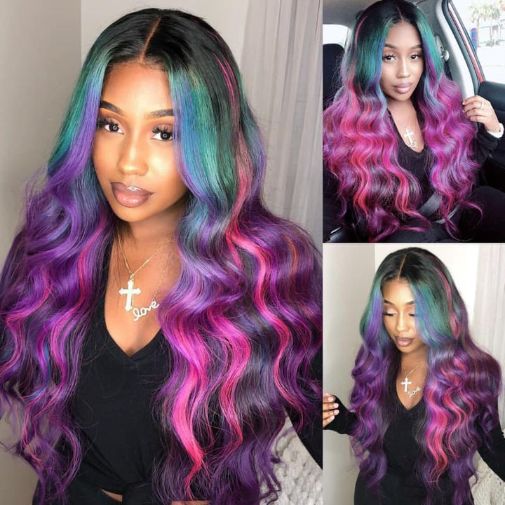 SZC Black With Blue Green Purple Pink Highlight Dark Roots 13x4 Lace Front Virgin Human Hair Wigs