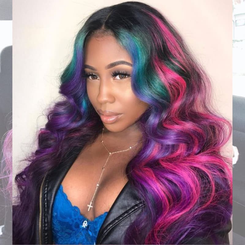 SZC Black With Blue Green Purple Pink Highlight Dark Roots 13x4 Lace Front Virgin Human Hair Wigs