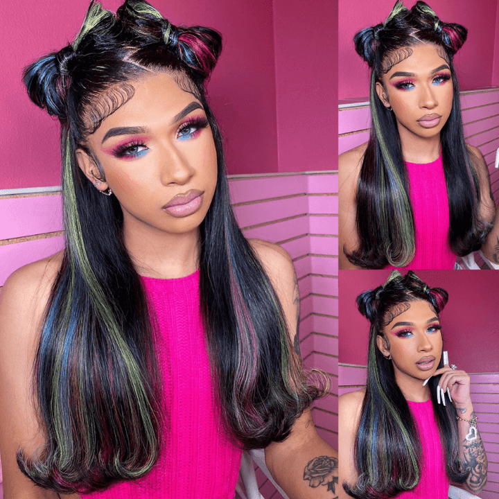 SZC Black With Blue Green Purple Red Highlight 13x4 Lace Front Human Hair Wigs