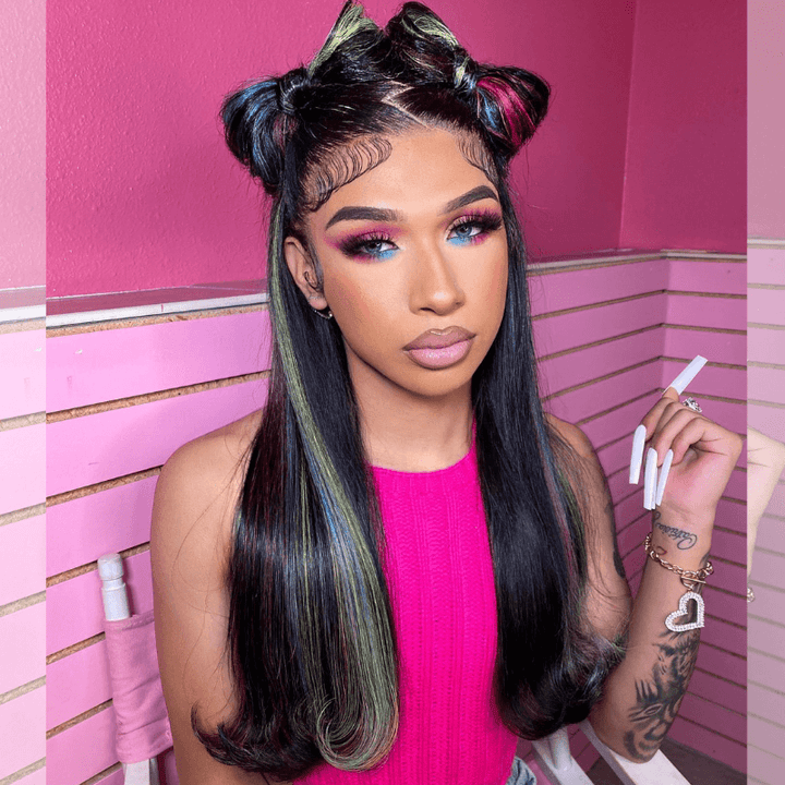 SZC Black With Blue Green Purple Red Highlight 13x4 Lace Front Human Hair Wigs