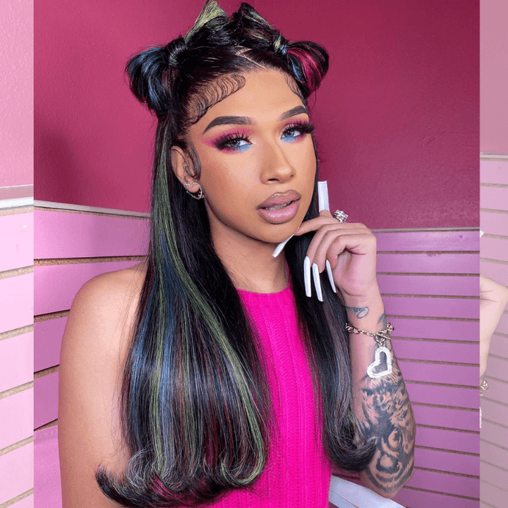 SZC Black With Blue Green Purple Red Highlight 13x4 Lace Front Human Hair Wigs