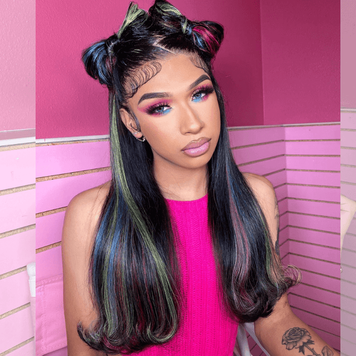 SZC Black With Blue Green Purple Red Highlight 13x4 Lace Front Human Hair Wigs