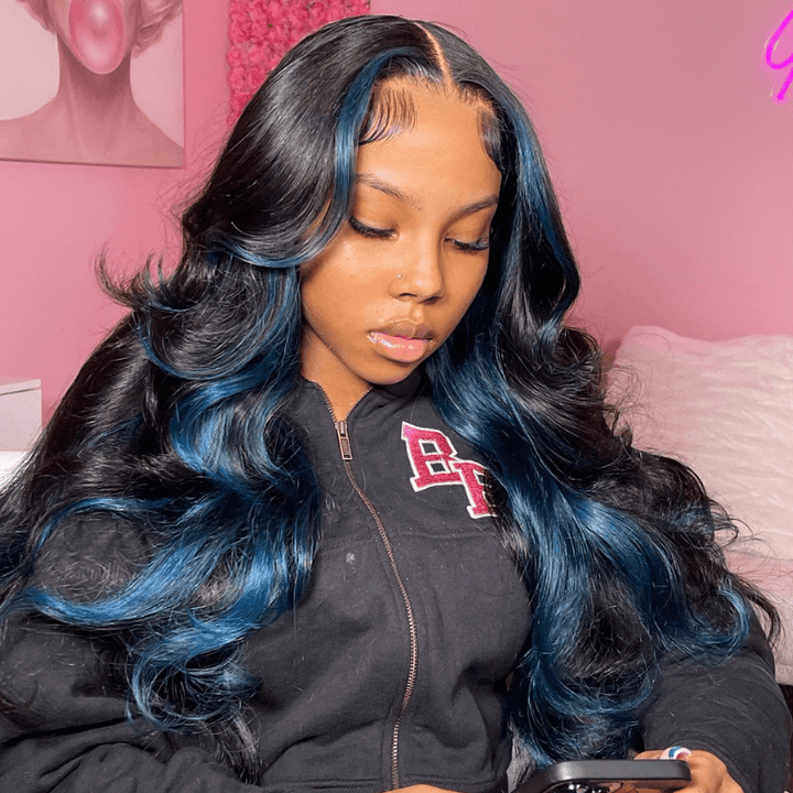 SZC Black With Blue Highlight Streaks 13x4 Transparent Lace Front Human Hair Wigs