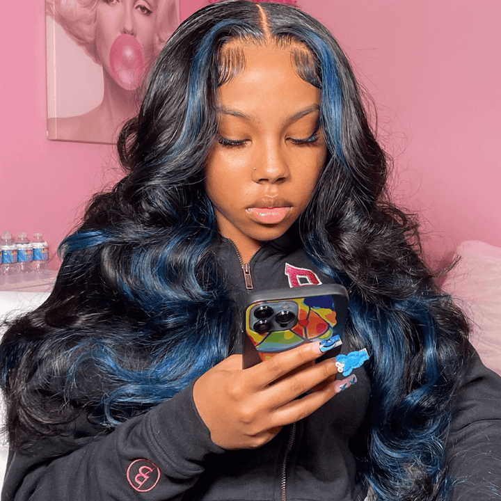 SZC Black With Blue Highlight Streaks 13x4 Transparent Lace Front Human Hair Wigs