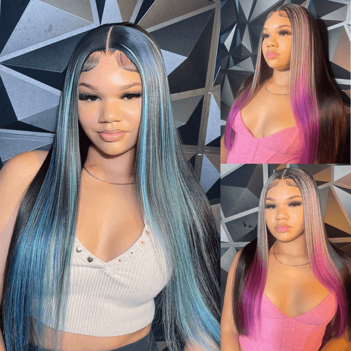 SZC Black With Blue Purple Red Highlight Streaks Lace Front Human Hair Wig
