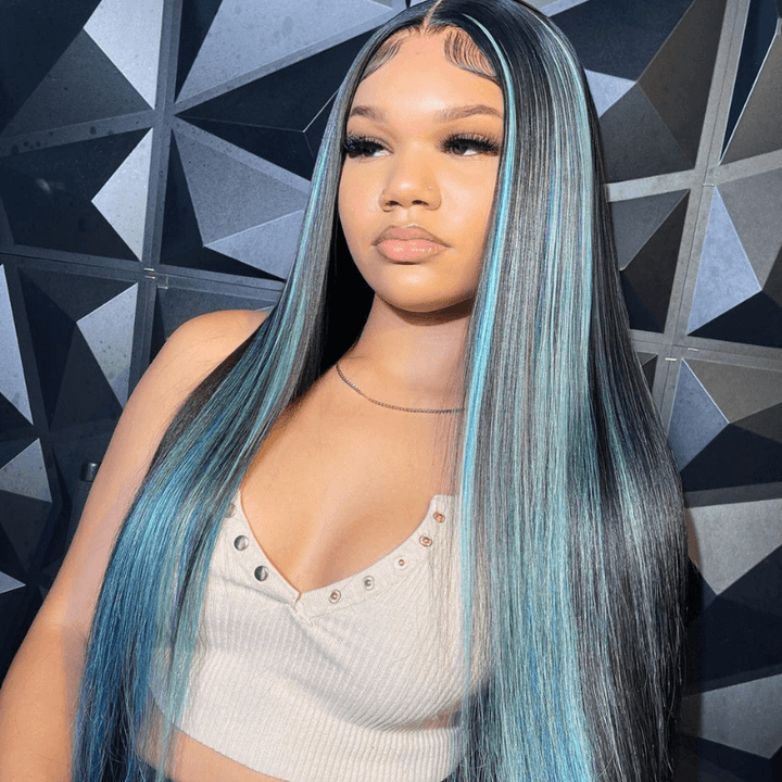 SZC Black With Blue Purple Red Highlight Streaks Lace Front Human Hair Wig