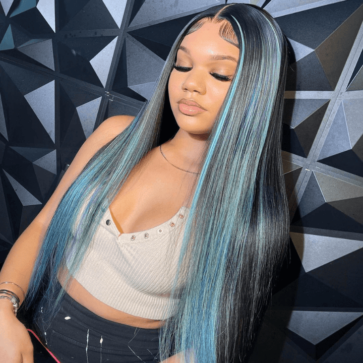 SZC Black With Blue Purple Red Highlight Streaks Lace Front Human Hair Wig