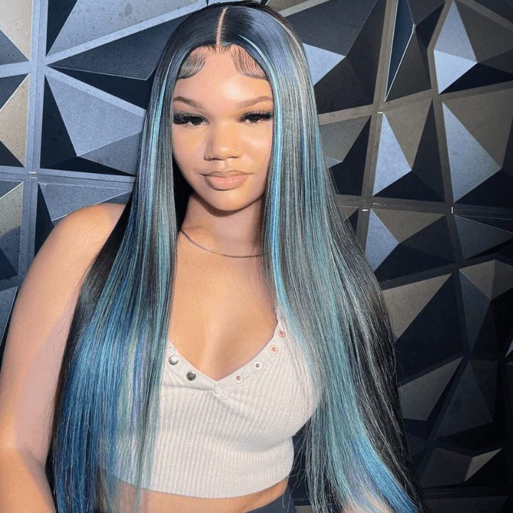 SZC Black With Blue Purple Red Highlight Streaks Lace Front Human Hair Wig