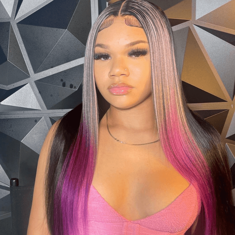 SZC Black With Blue Purple Red Highlight Streaks Lace Front Human Hair Wig