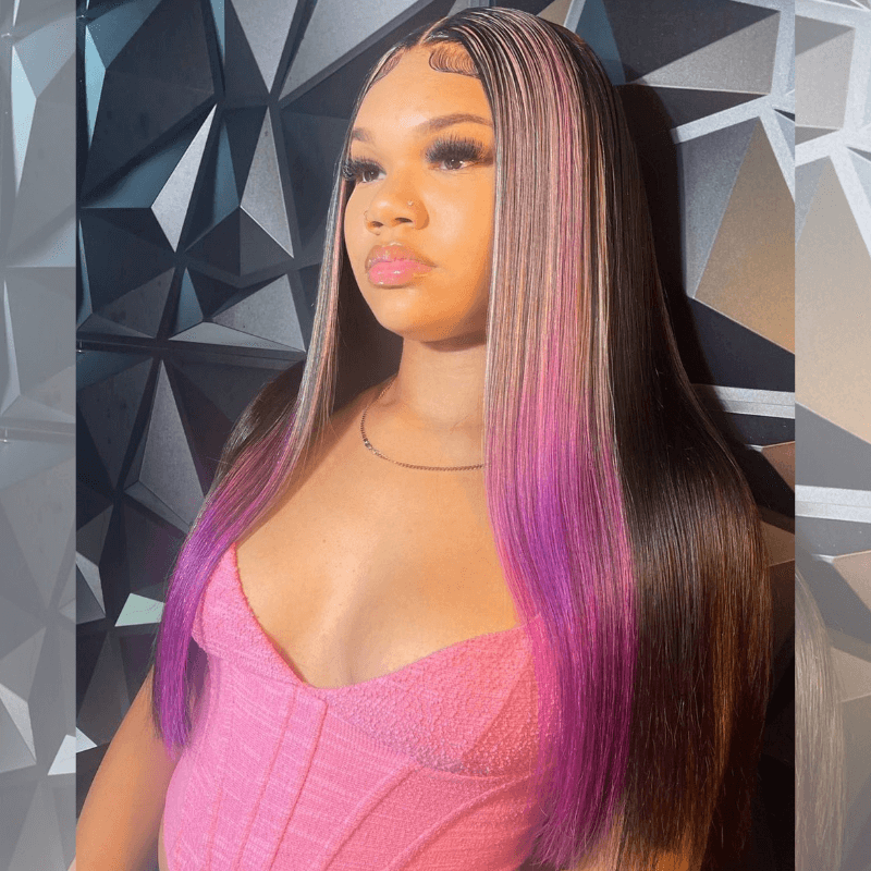 SZC Black With Blue Purple Red Highlight Streaks Lace Front Human Hair Wig