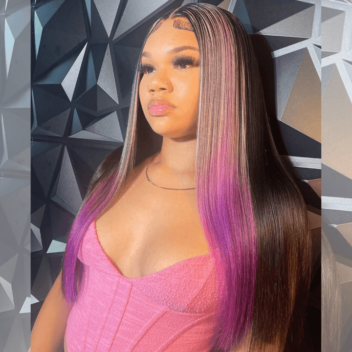 SZC Black With Blue Purple Red Highlight Streaks Lace Front Human Hair Wig