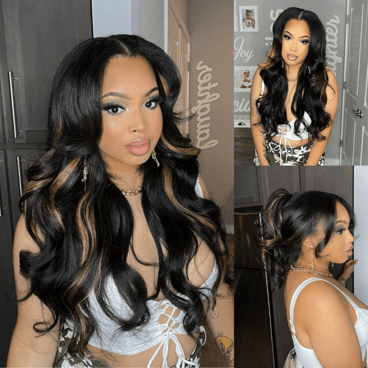SZC Black With Brown Highlight Streaks 200 Density Virgin Human Hair Wig
