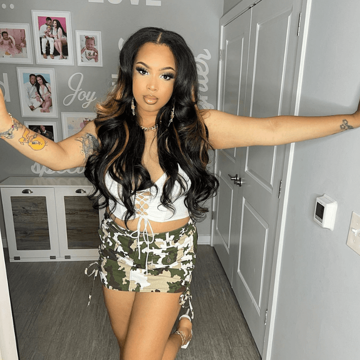 SZC Black With Brown Highlight Streaks 200 Density Virgin Human Hair Wig
