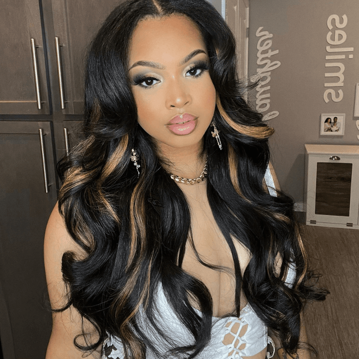 SZC Black With Brown Highlight Streaks 200 Density Virgin Human Hair Wig