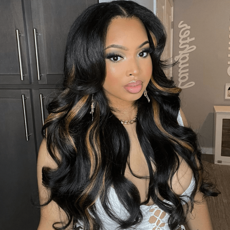 SZC Black With Brown Highlight Streaks 200 Density Virgin Human Hair Wig