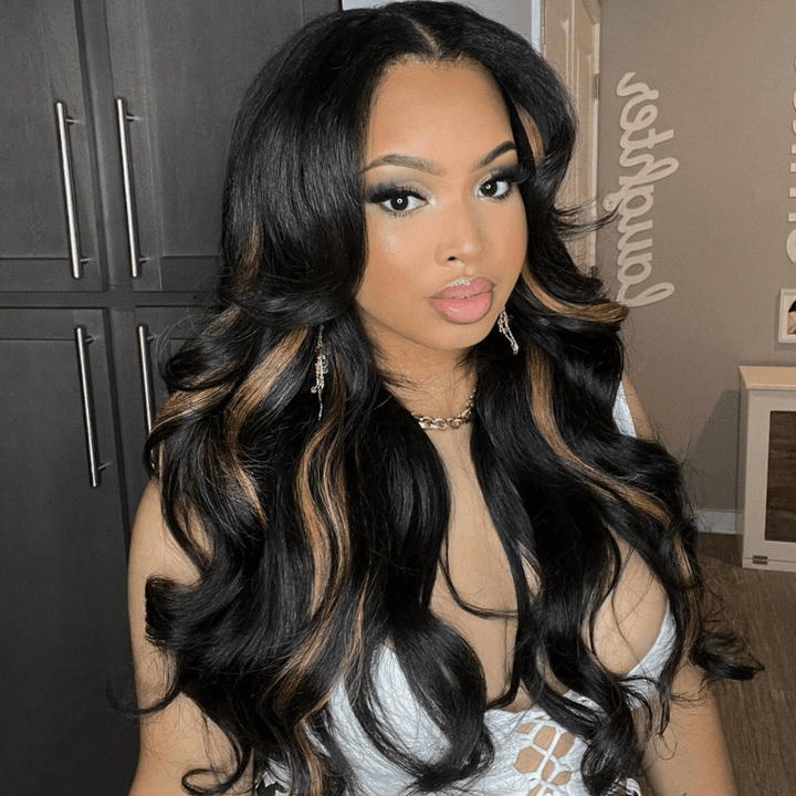 SZC Black With Brown Highlight Streaks 200 Density Virgin Human Hair Wig