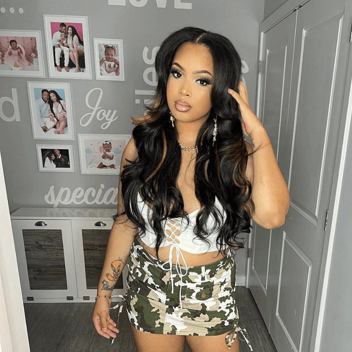 SZC Black With Brown Highlight Streaks 200 Density Virgin Human Hair Wig