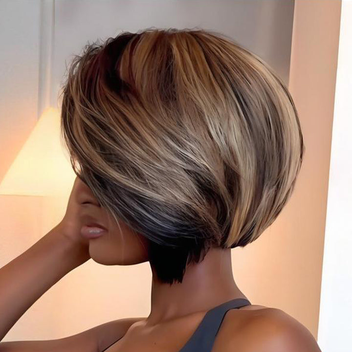 SZC Black With Brown Highlights Short Bob Bone Straight 13x4 Lace Front Virgin Human Hair Wigs