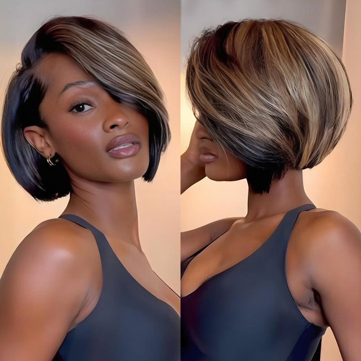 SZC Black With Brown Highlights Short Bob Bone Straight 13x4 Lace Front Virgin Human Hair Wigs
