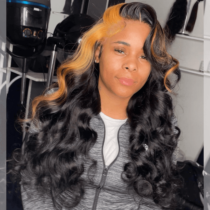 SZC Black With Brown Skunk Stripe 13x4 Lace Front Virgin Human Hair Wigs