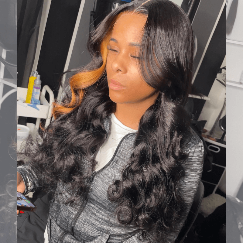 SZC Black With Brown Skunk Stripe 13x4 Lace Front Virgin Human Hair Wigs