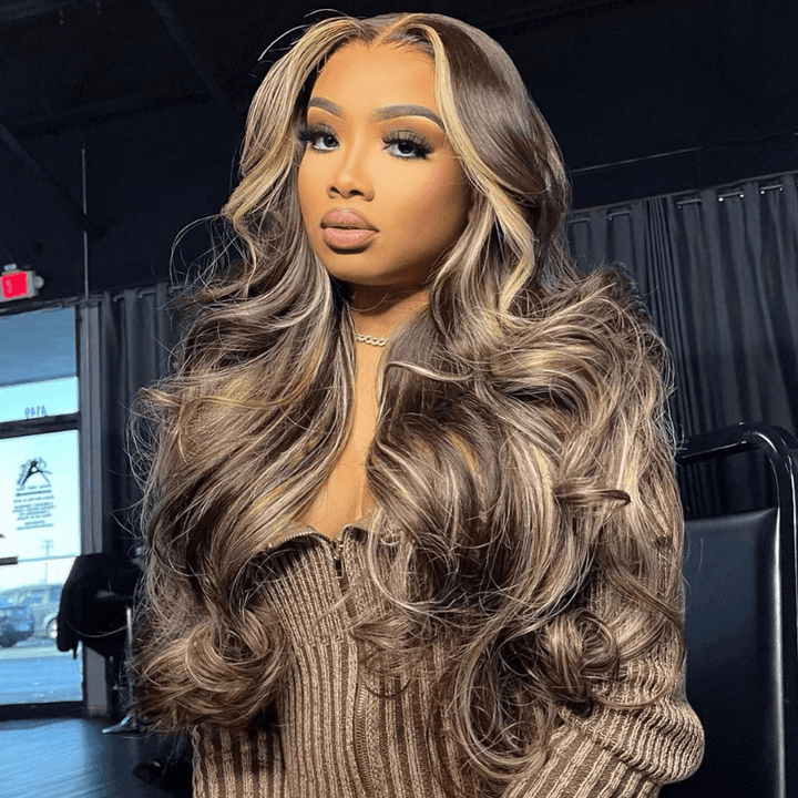 SZC Black With Brown Skunk Stripe Highlights Body Wave Human Hair Wig