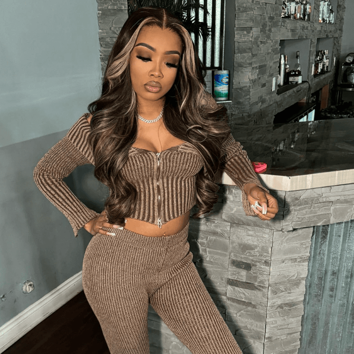 SZC Black With Brown Skunk Stripe Highlights Body Wave Human Hair Wig