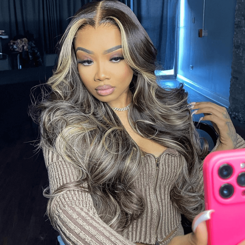 SZC Black With Brown Skunk Stripe Highlights Body Wave Human Hair Wig