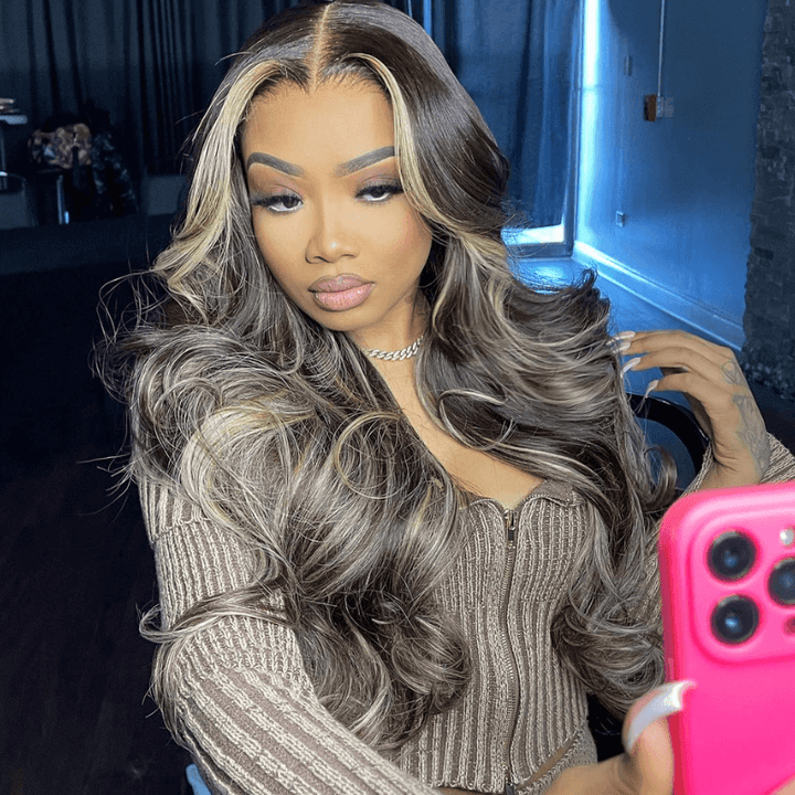 SZC Black With Brown Skunk Stripe Highlights Body Wave Human Hair Wig