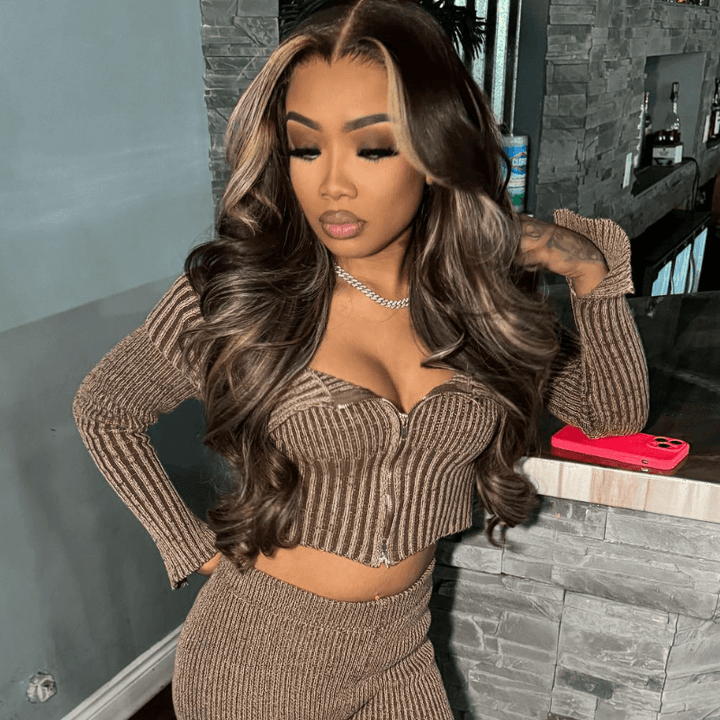 SZC Black With Brown Skunk Stripe Highlights Body Wave Human Hair Wig