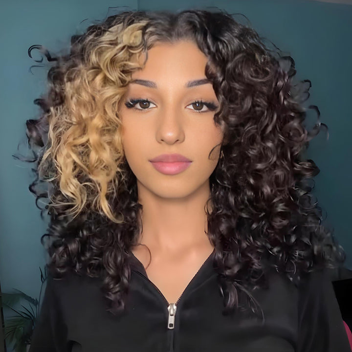 SZC Black With Brown Streaks Short Shoulder Length Bob 13x4 Lace Front Human Hair Wig