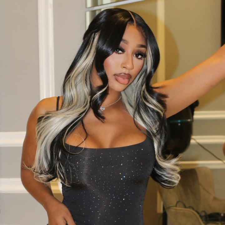 SZC Black With Gray Blonde Streaks 13x4 Lace Front Virgin Human Hair Wigs